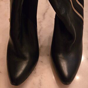 White House Black Leather Ankle Booties with Gold Zippers